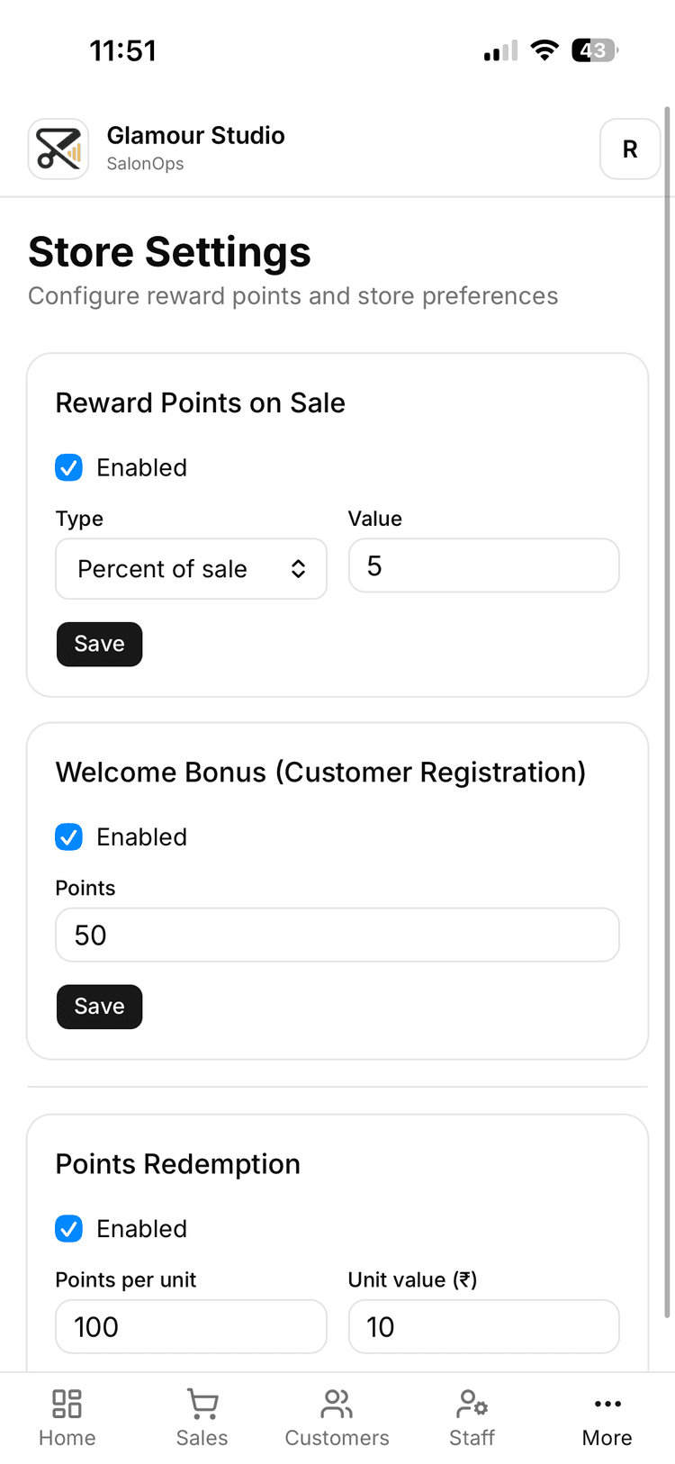 SalonOps mobile dashboard